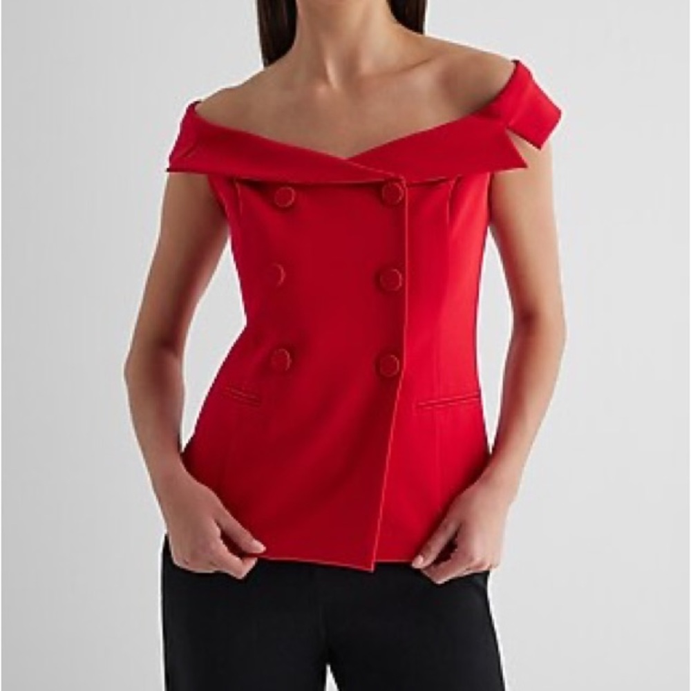 Express Red Off-Shoulder Buttoned Blouse